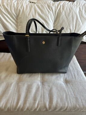 Tory Burch Black Leather Logo Tote with Gold Hardware